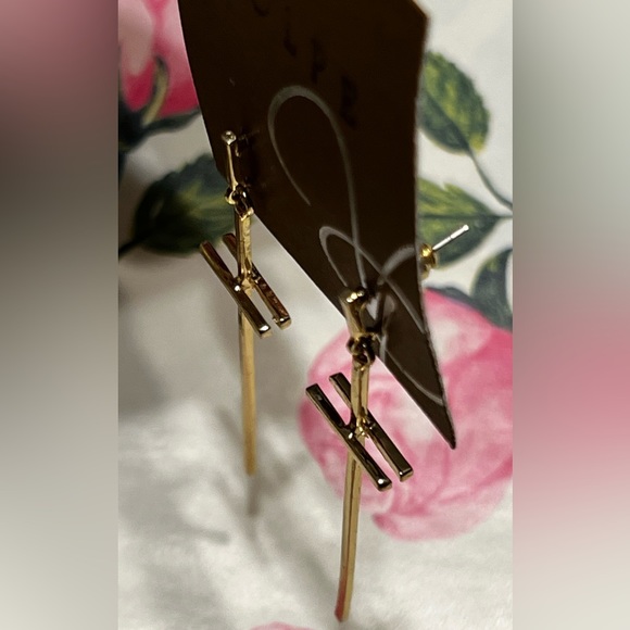 New La Volpe 2.5” Gold Tone Dangling Cross Shape Earrings - Picture 4 of 10